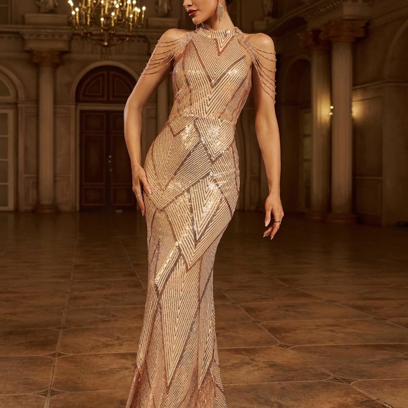 Cold Shoulder Beads Chain Cocktail Dress M01081 - Picture 5 of 6